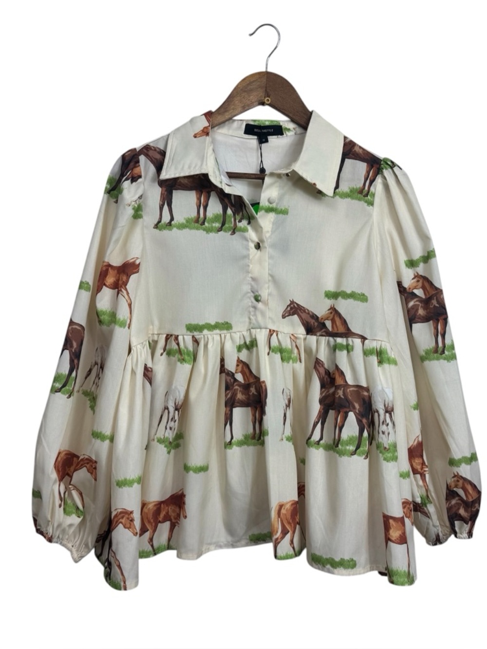 Beulah Coley Cream Blouse with Brown Horse Print and Green Accents